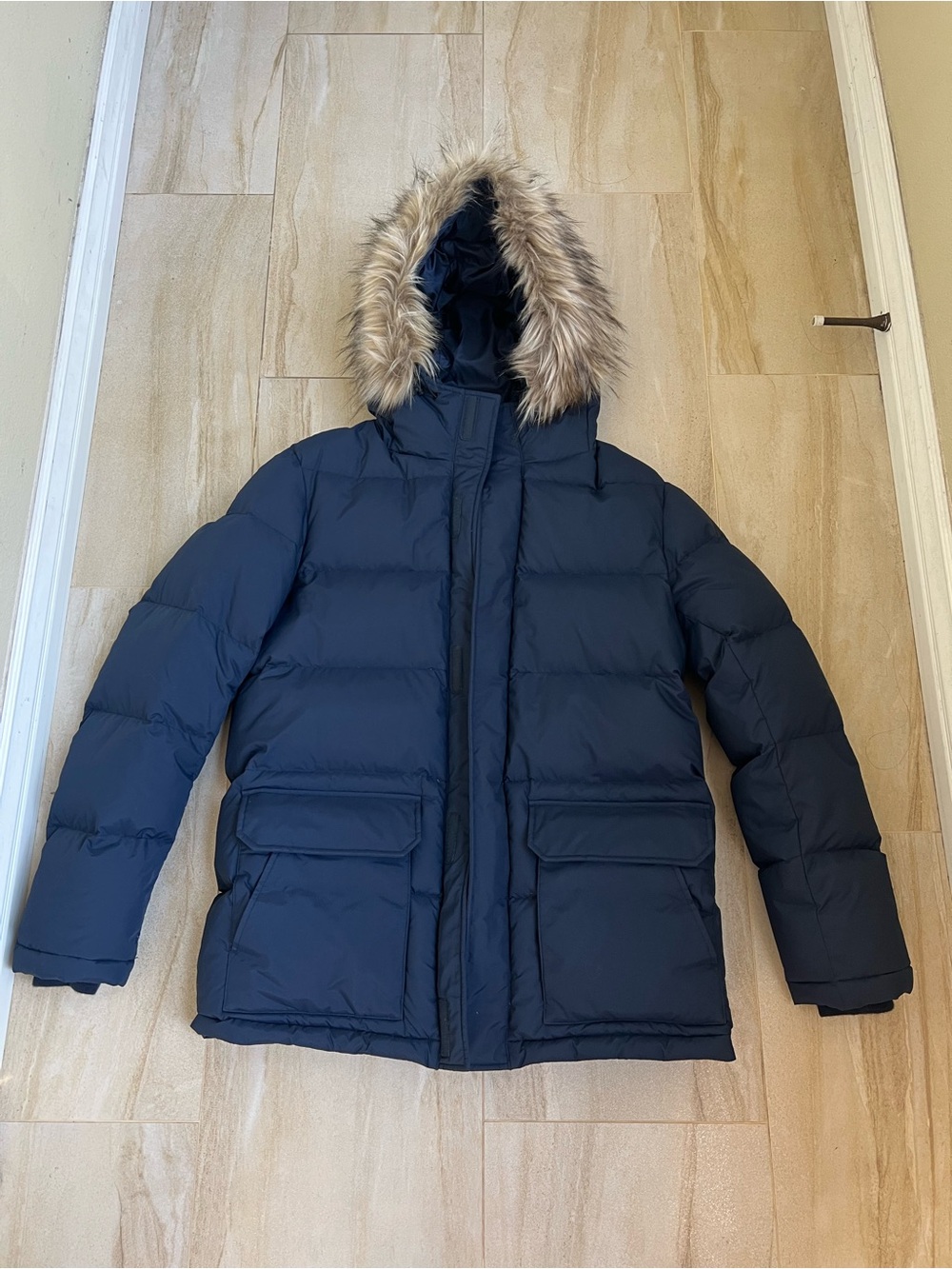 Uniqlo Men's Navy Down Puffer Coat with Faux Fur Trimmed Hood